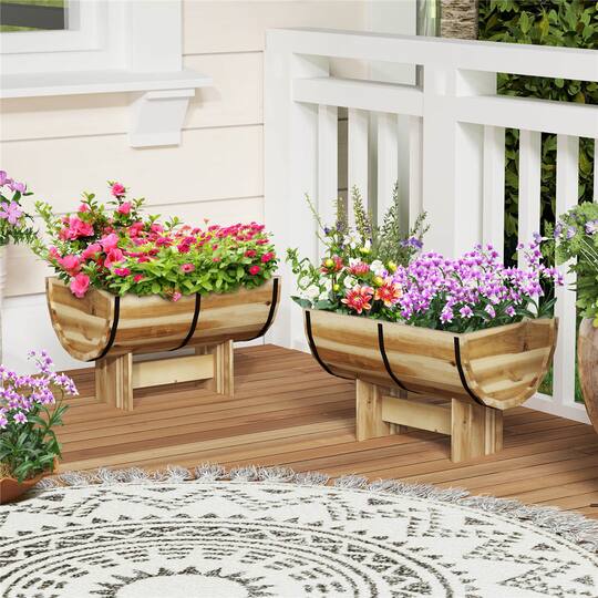 Costway 11.5" x 18" Solid Acacia Wood Half-Barrel Planter Box with Legs, 2ct.